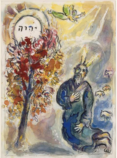 Moses und der brennende Dornbusch, Lithographie aus dem Exodus-Zyklus von Marc Chagall, 1966