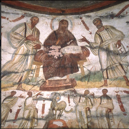 «Christus ist das Zentrum, unser Weg» zwischen den beiden Aposteln, links Paulus, rechts Petrus, darunter befinden sich die Märtyrer Marcellinus, Petrus, Gorgoninus und Tiburtius, im Mittelpunkt da Lamm auf dem Paradiesberg; Fresko in der Katakombe der Heiligen Marcellinus und Petrus, 4. Jahrhundert. 