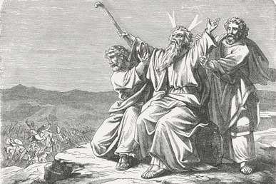 („Sieg über die Amalekites“ Holzschnitt nach einer Zeichnung von Julius Schnorr von Carolsfeld (deutscher Maler, 1794 - 1872), veröffentlicht 1877).

 